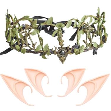 Imagem de LINSINA Coroa de flor de fada e orelhas de elfo, acessórios de fantasia renascentista com 2 pares de orelhas de elfo para mulheres (verde-b)