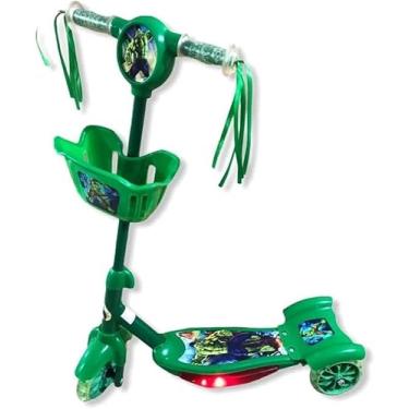 Imagem de Patinete Infantil Musical, Hul Verde 3 Rodas, com Cesta e Luz, Altura Ajustável 60-70cm, Suporta 50kg Menino