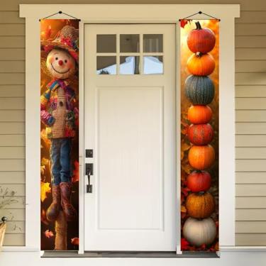 Imagem de BlissYard Bandeiras de porta vertical de Halloween 30,5 x 188 cm Espantalho abóbora pilha porta da frente decoração outono colheita pendurado varanda placa de fundo ao ar livre sazonal foto assustador