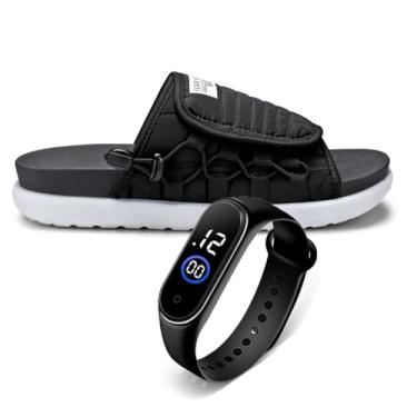 Imagem de Chinelo Masculino Slide Confortável Anatômico Macio Moderno Antiderrapante Com Relógio (Preto, BR, Adulto, Numérico, 42)