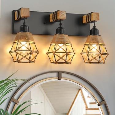 Imagem de Arandela de parede de banheiro de madeira estilo rústico, 3 luminárias de banheiro com abajur de barbante de vime boho, adequado para quarto, corredor e sala de estar, arandela de parede preta de vime