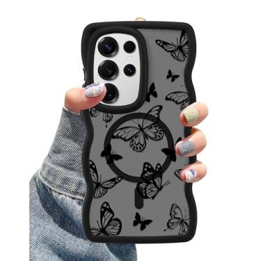 Imagem de Aitipy Capa para celular compatível com MagSafe para Samsung Galaxy S24 Ultra, linda estética ondulada preta com estampa de borboleta, design magnético, silicone macio e capa protetora de TPU para