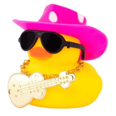 Imagem de wonuu Decoração de painel de carro pato de borracha, ornamentos de patos de carro com mini pontos chapéu de cowboy colar óculos de sol guitarra (rosa)