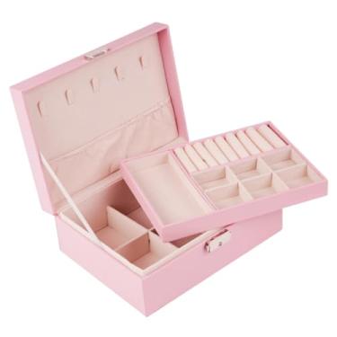 Imagem de Porta Joias Grande Duplo Caixa Colar Bijuteria Portatil Aneis Pulseira com Chave Luxo(Rosa)