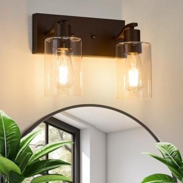 Imagem de AMRUIPO 2 luminárias de banheiro luminária de banheiro bronze polido a óleo com sombra de vidro transparente 33 cm luminárias modernas de banheiro sobre espelho para quarto/sala de estar