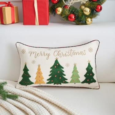 Imagem de HOMFREEST Capas de almofada de árvore de Natal 30 x 50 cm 2570 árvores verdes decorativas capas de almofada para varanda externa para sofá