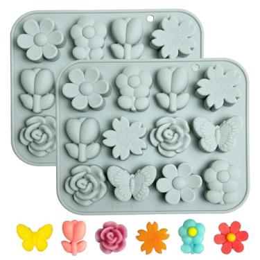Imagem de Moldes de flores de silicone para fazer doces e chocolate, 2 pacotes de design de borboleta floral, molde de fondant de 12 cavidades (azul)