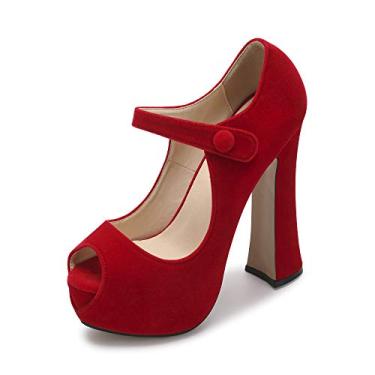 Imagem de OCHENTA Salto alto plataforma peep toe feminino tira no tornozelo salto grosso para festa uso diário, Veludo vermelho, 36