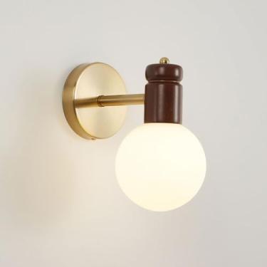 Imagem de Luminária de parede de vidro globo, luminária de parede retrô de madeira maciça, abajur branco leitoso, luminária de parede de metal com acabamento em latão antigo E27, arandelas de parede d