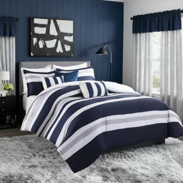 Imagem de Uniclinens Conjunto de edredom King listrado azul-marinho com 6 peças, luxuoso, 100% algodão, fofo, tamanho king, todas as estações, conjunto de colcha com listras náuticas e fronhas decorativas, azul