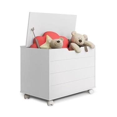 Imagem de Caixa Organizadora de Brinquedos com Tampa e Rodízios - Design Infantil Seguro, MDF Resistente e Mobilidade Total (Branco)