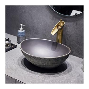 Imagem de Pia de pia de vaso oval retrô pia de banheiro ao ar livre pequena pia de bancada de cerâmica tigela única cinza pia de banheiro tigela pequena de cerâmica