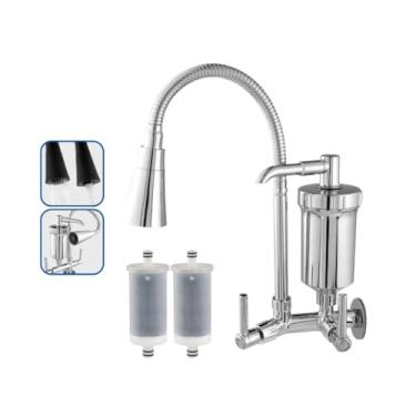 Imagem de Torneira com Filtro Gourmet Flexível Cozinha Parede c/Ducha 2 Jatos 1/4 de Volta + Refil(Torneira Gourmet + 2 Refis)