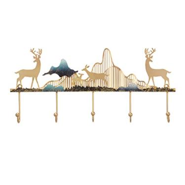 Imagem de Cabide de cabide dourado para decoração de veado com gancho chinês montado na parede, cabide de metal de 58 cm com 5 ganchos para pendurar roupas chapéu toalha ()