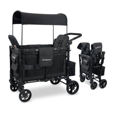 Imagem de Carrinho de Passeio para 2 Crianças Multifuncional com Cobertura Removível e Dobramento, até 90 kg, WONDERFOLD W2, Preto