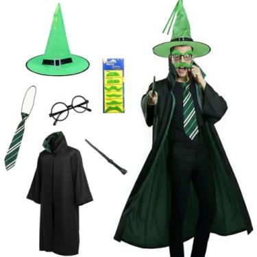 Imagem de Wizard Cloak Robe Costume with Hat Wand Tie Beard Scarf, 7-piece Set for Adult and Teens Warlock Magician Sorcerer Mage Vampire Cosplay Halloween Costumes Dress Up for Men and Women(Green, XL)