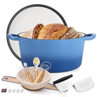 Imagem de E-far Panela de forno holandês esmaltada para assar pão, panelas de ferro fundido esmaltado de 6 litros com tampa autobasting e suprimentos para assar pão de fermento, caçarola resistente e alças