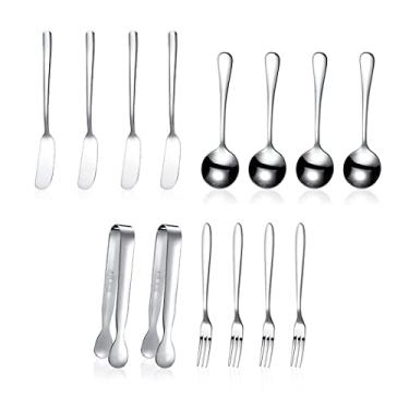 Imagem de Hoshen Conjunto de acessórios de 14 peças, faca para espalhar manteiga de queijo/mini cubo de açúcar/mini colher e garfo, utensílios para fazer manteiga, queijo e pastelaria (prata)