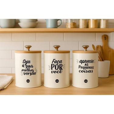 Imagem de Kit 3 Latas Herméticas Com Frases E Tampa De Bambu Kit Creme