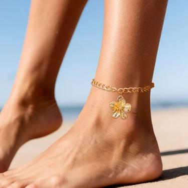 Imagem de Tornozeleira feminina banhada a ouro 14K, pingente de flor em camadas, delicada, ajustável, empilhável, corrente de elos suspensos, presente de joias para festivais de moda., Medium, Latão, Sem Pedra