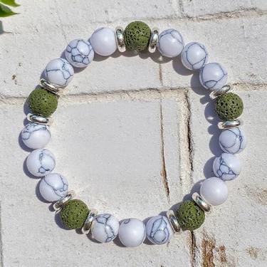 Imagem de Pulseira masculina para homens e mulheres, branca, turquesa, verde, pedra vulcânica, pedra natural, feita à mão, corda elástica, cristal curativo, joias de boa sorte, presente criativo, Medium