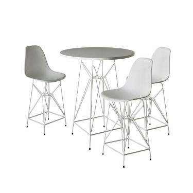 Imagem de Jogo Mesa Bistrô Eames Eiffel Branca 60Cm 3 Banquetas Branca Base Ferro Branco - Cor: Branco