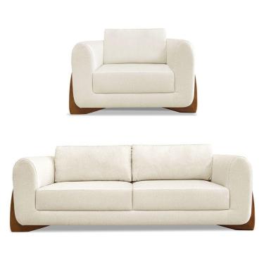 Imagem de Kit Poltrona E Sofá 2 Lugares Linho Pés Castanho Cor Natural