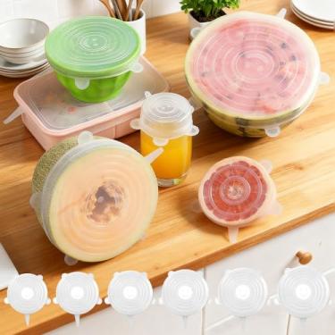 Imagem de 6 peças de tampas elásticas de silicone, capas redondas de armazenamento de alimentos, tampas de vedação de tigela reutilizáveis para recipientes de cozinha, branco1