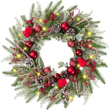 Imagem de Guirlanda de Natal artificial de 55 cm para porta da frente com bolas vermelhas, bastões de doce, agulhas de pinheiro, frutas vermelhas, pinhas, decorações de Natal para parede de inverno, ao ar livre