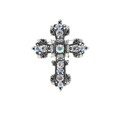 Imagem de Broche de cruz Sparkly Crystsl broche azul strass grosso cruz lapela corpete floral cruz broche para vestido casaco terno suéter decorações, one size, Zinco, Sem Pedra Preciosa