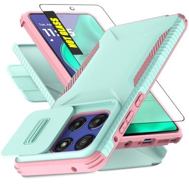 Imagem de AWZHYDT Capa para Motorola G Stylus 5G 2025 com capa de câmera deslizante integrada e protetor de tela, [2 em 1] Capa protetora resistente à prova de choque para Moto G Stylus 5G 2025 (ciano/rosa)