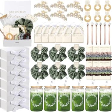Imagem de 73 peças de presentes de proposta de dama de honra, conjunto de 6 caixas de dama de honra a granel Will You Be My Maid of Honor, presente com caixa decorativa, copo de vidro, cartão convidado
