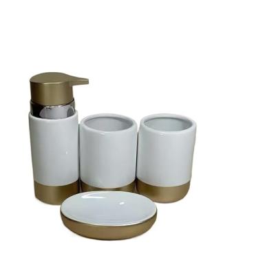 Imagem de Kit 4 Peças para Banheiro de cerâmica - saboneteira, porta-sabonete líquido, escova e xícara(Branco com Dourado-kit4)