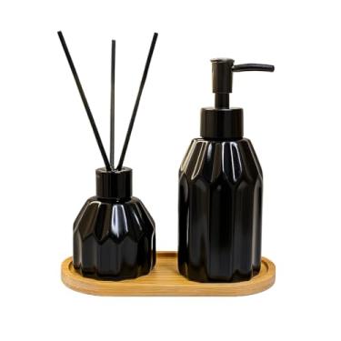 Imagem de Kit Banheiro Lavabo Dispenser Porta Sabonete Liquido Escova Dente Cerâmica/Porcelana Decoração(BRANCO DIFUSOR LISO)