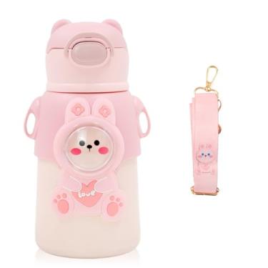 Imagem de Garrafa Térmica Infantil Rosa com Design de Urso, Tampa Protetora, Alça Removível, Decoração Fofa para Bebidas, 520ml