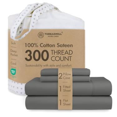 Imagem de Jogo de cama Threadmill Home Linen 300 fios 100% algodão, roupa de cama de luxo, conjunto de 4 peças, lençóis de cama, trama de cetim suave, king, branco, Dark Grey, Queen