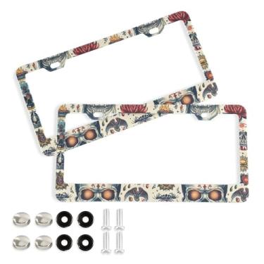 Imagem de SEHANY Molduras de placa de carro vintage rosa crânio, capas de alumínio à prova de ferrugem com furos elípticos e parafusos serve para veículos padrão dos EUA tamanho acessórios de carro para