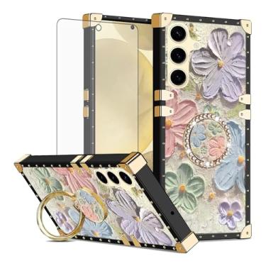 Imagem de Asuwish Capa de celular para Samsung Galaxy S24/S25 5G capa magnética com protetor de tela de vidro temperado e pintura flor anel rígido suporte rígido S 24 24S 25 25S G5 SM-S931U mulheres meninas