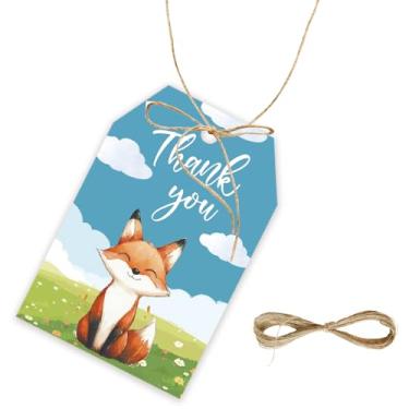 Imagem de 50 etiquetas Fox Thank You, etiqueta de presente de raposa da floresta com cordão para aniversário, etiquetas de papel de agradecimento animal da floresta para lembrancinhas de festa de aniversário na