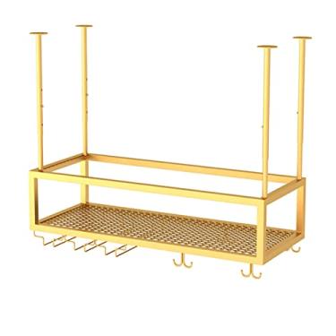 Imagem de APUM Rack de vinho suspenso no teto, suporte de garrafa de teto de metal, suporte de armazenamento de vinho com altura ajustável com prateleira de vidro, para cozinha, bar