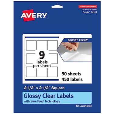 Imagem de Avery Etiquetas quadradas transparentes brilhantes com alimentação segura, 6,35 cm x 6,35 cm, 450 etiquetas transparentes brilhantes, etiquetas para impressão a laser/jato de tinta
