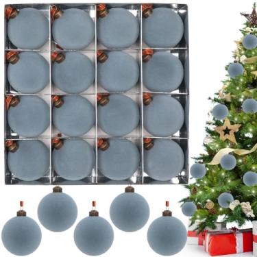 Imagem de Conjunto de enfeites de bola de Natal de veludo azul empoeirado de 8 cm, 16 peças, decoração de árvore de Natal azul empoeirado, grandes bolas decorativas à prova de estilhaçamento para decoração de