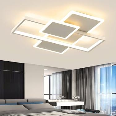 Imagem de Luminária de teto LED dimerizável com controle remoto, modelo moderno, ideal para sala de estar, quarto, sala de jantar, cozinha, corredor e hall de entrada. Cor branca, 52 x 52 x 7,5 cm.