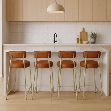 Imagem de Banqueta Cozinha Média Com Encosto Industrial Champanhe Kit 4 Londres Pu D03 - D`rossi Nozes