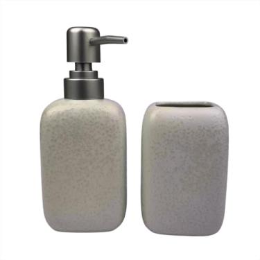 Imagem de Jogo Lavabo Cerâmica 2 Peças Dispenser Sabonete Líquido Copo Multiuso Detalhes Modernos