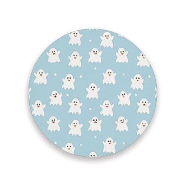Imagem de JUZIHAI Conjunto de 2 porta-copos de Halloween Boo, porta-copos redondos absorventes de pedra cerâmica com base de cortiça, tapete de proteção de mesa para cozinha, bar, decoração de casa