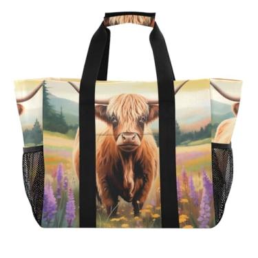 Imagem de ODAWA Bolsas de praia de lona de vaca Highland marrom, bolsa de praia para academia para mantimentos, Vaca Highland marrom, One Size