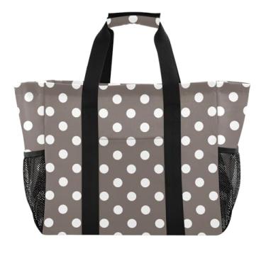 Imagem de ODAWA Bolsa de praia marrom com bolinhas brancas da Mom, bolsa de praia à prova d'água para piscina com alças abertas