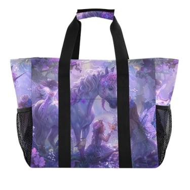 Imagem de ODAWA Bolsa de praia impermeável à prova d'água à prova de areia para mãe, bolsa esportiva estética de unicórnios roxos com bolsos, Unicórnios roxos, One Size