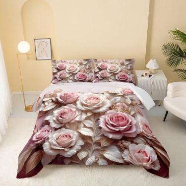 Imagem de QOOMO Conjunto de edredom Queen com estampa de flores, coroa de borboleta, para adolescentes, meninos e meninas, rosa com 2 fronhas, macio e leve